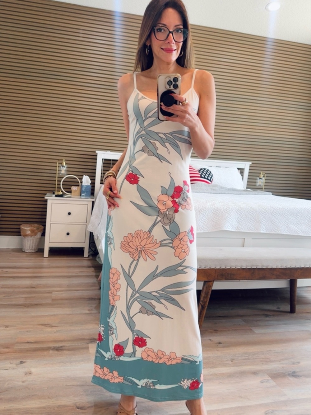 SHEIN Cream Maxi Slip Dress with Teal & Coral Floral Print